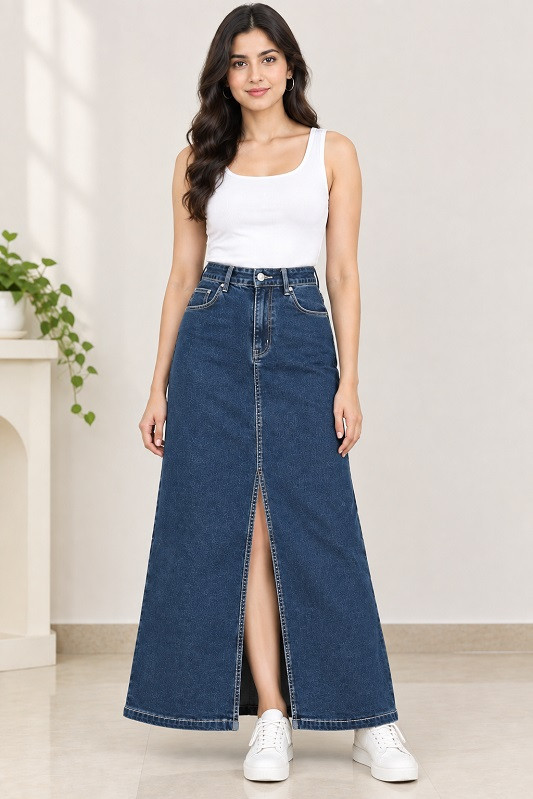 Women's Dark Blue Denim Maxi Skirt with Front Slit